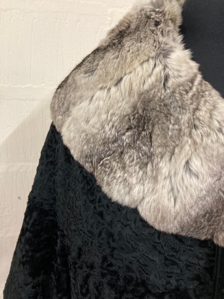 Vintage Designer Black Astrakhan Fur Jacket with Rabbit Fur Collar Size M- L